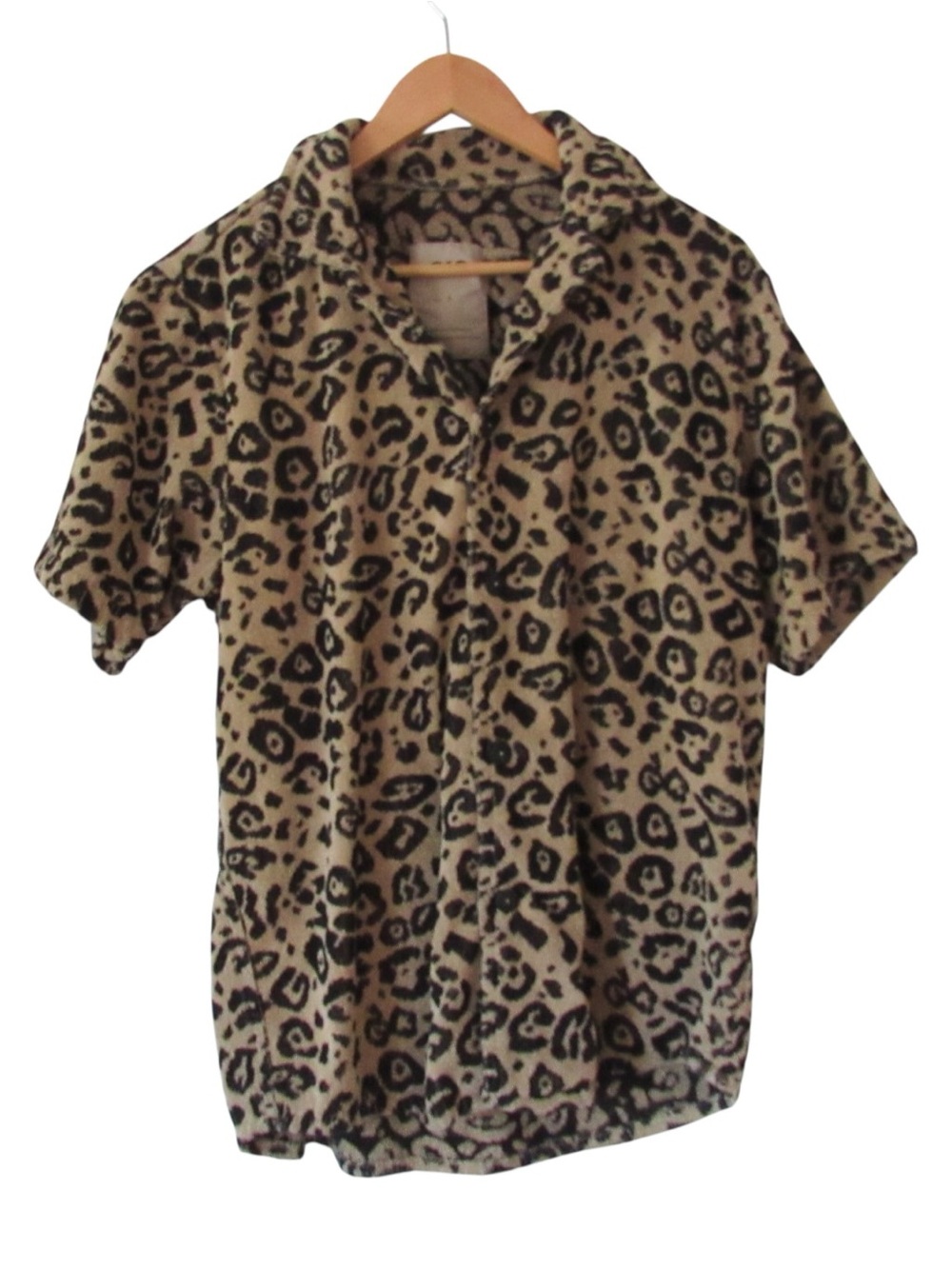 OAS Leopard Terrycloth Print Button Down Shirt Large Relaxed Fit Brown Boho